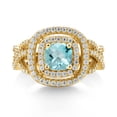 thumbnail image 2 of Gem Stone King 18K Yellow Gold Plated Silver Sky Blue Topaz and White Moissanite Ring for Women (2.01 Cttw, Gemstone Birthstone, Cushion/Checkerboard Cut 6MM, Available in Size 5, 6, 7, 8, 9), 2 of 4