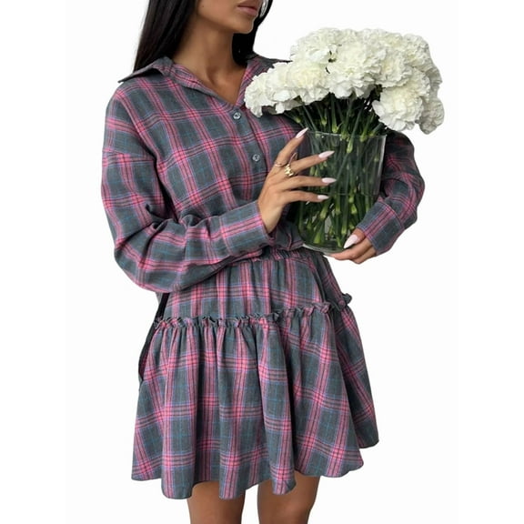 Women'S Gingham 2 Piece Set Fall Fashion Long Sleeve Tops with Skirt High Waist Front Casual Winter  S