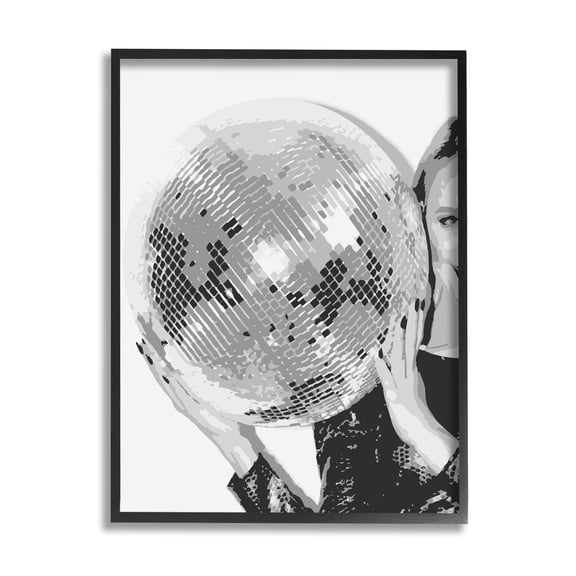 Stupell Industries Vintage Woman Holding Disco Ball Beauty & Fashion Painting Black Framed Art Print Wall Art