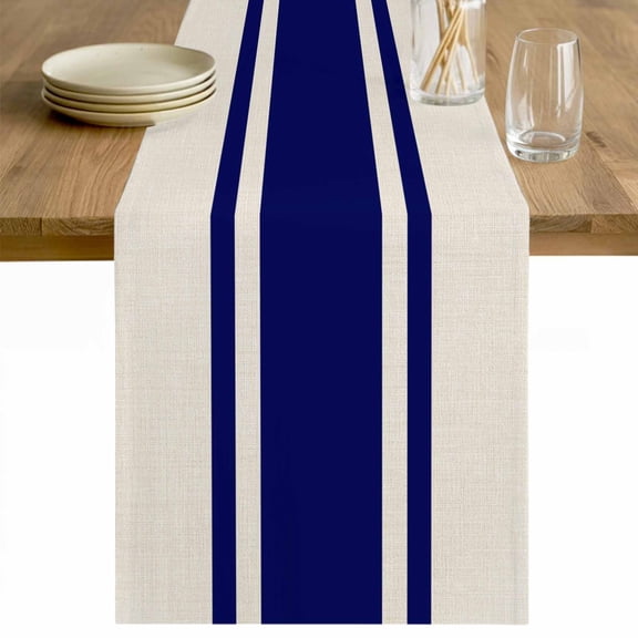 Navy Blue Stripes Table Runner - 70 Inch Long Geometric Vintage Country Simple Cotton and Linen Blended Dress Scarves Farmhouse Table Runner for Kitchen Dining, Coffee Table, 13" x 70"