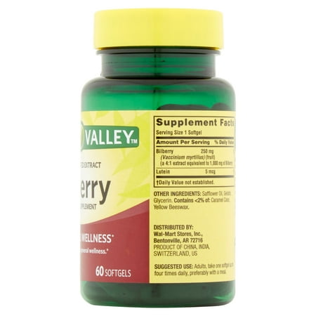 Spring Valley Bilberry Extract General Wellness Dietary Supplement Softgels, 250 mg, 60 Count