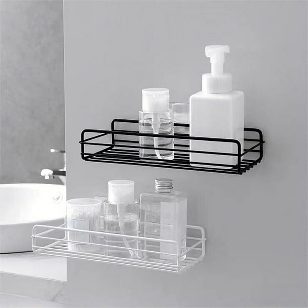 Estanterías de pared para baño sin taladro – organizador rectangular metálico, soporte adhesivo para ahorrar espacio, artículos de aseo y almacenamiento en la cocina, acero al carbono, negro/blanco