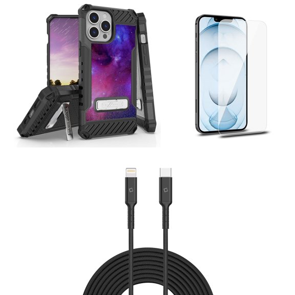 Bemz iPhone 13 Pro Bundle: Tri Shield Shockproof Armor Rugged Case (Purple Nebula), Premium Glass Screen Protectors (2-Pack), USB-C to Lightning Cable (3.3ft/1m)