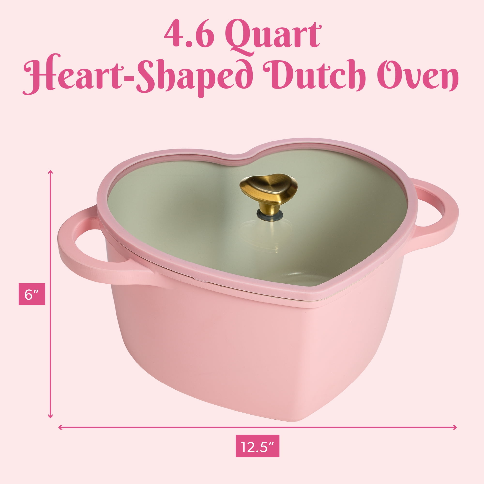Paris Hilton 4.6 Quart Heart-Shaped Dutch Oven Pot with Lid, Clean Ceramic™ Nonstick Coating & Silicone Rim Glass Lid, Pink