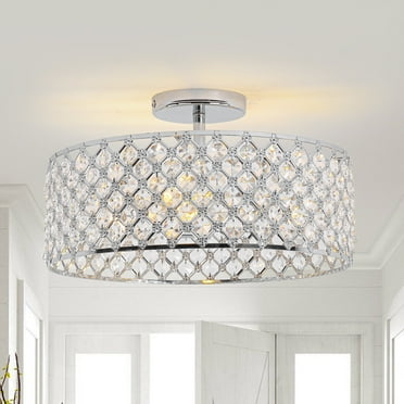 Whose Lamp 15" Modern 3-Light Crystal Semi-Flush Mount Ceiling Light, Chrome Flush Mount Lighting Fixture for Bedroom, Hallway, Living Room
