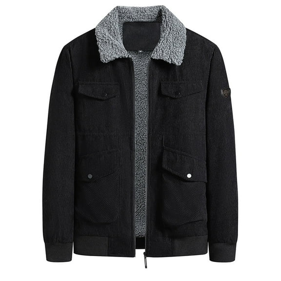 Bcresic Men's Corduroy Jackets Sherpa Lined Winter Coats Thermal Warm Fleece Jacket Casual Lapel Trucker Jackets Trendy Solid Color Full Zip Work Coat with Pocket,Black,XX-Large
