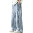 thumbnail image 4 of Men's Casual Distressed Irregular Hole Denim Pants Ripped Frayed Straight Wide Leg Jeans Baggy Pants, 4 of 5