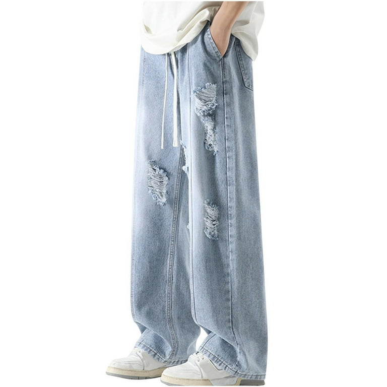 Straight Wide Leg Denim Pants for Men Casual Trendy Ripped Jeans