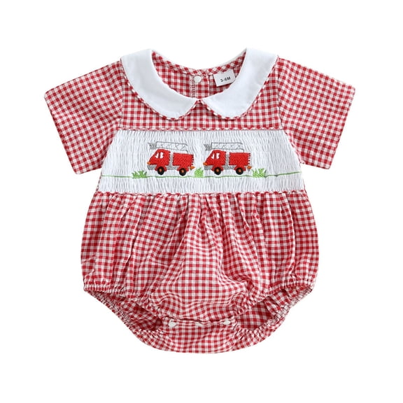XUELUO Baby Girls Dresses Short Sleeve Gingham Collar Fire Truck Embroidery Romper Dress Toddler Spring Summer Cute Clothes