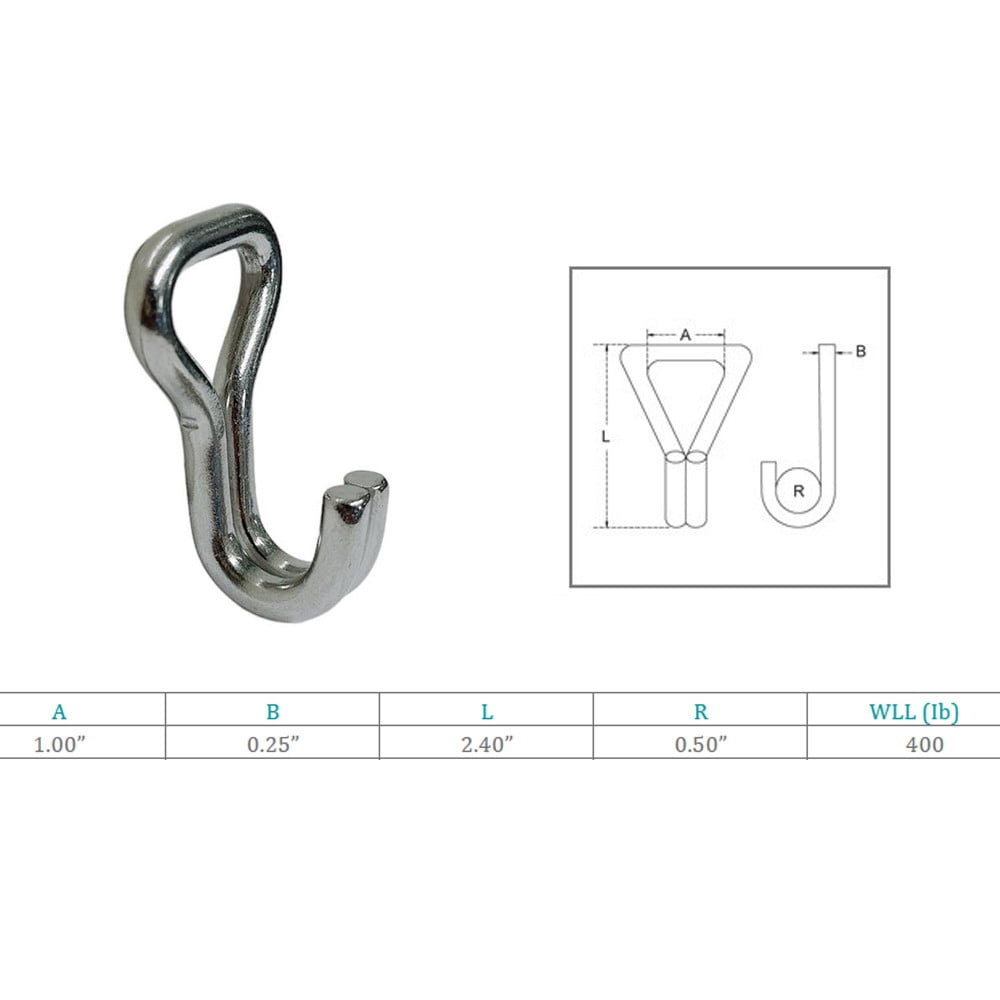 1" Marine Grade J Web Hook J Hook Rigging Stainless Steel 400 Lbs Load Cap. 4 Pc