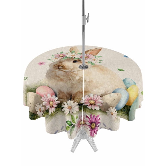Outdoor Tablecloth with Umbrella Hole and Zipper, Easter Cute Bunny Round Table Cloth 54 Inch Waterproof Tablecloth, Eggs Spring Daisy Flowers Vintage Picnic Table Cover for Patio Camping