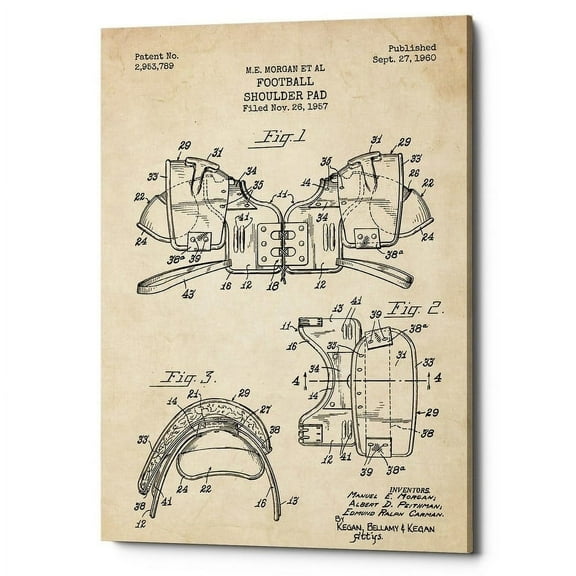 Epic Graffiti  "Football Shoulder Pad Blueprint Patent Parchment" Giclee Canvas Wall Art, 12" x 18"