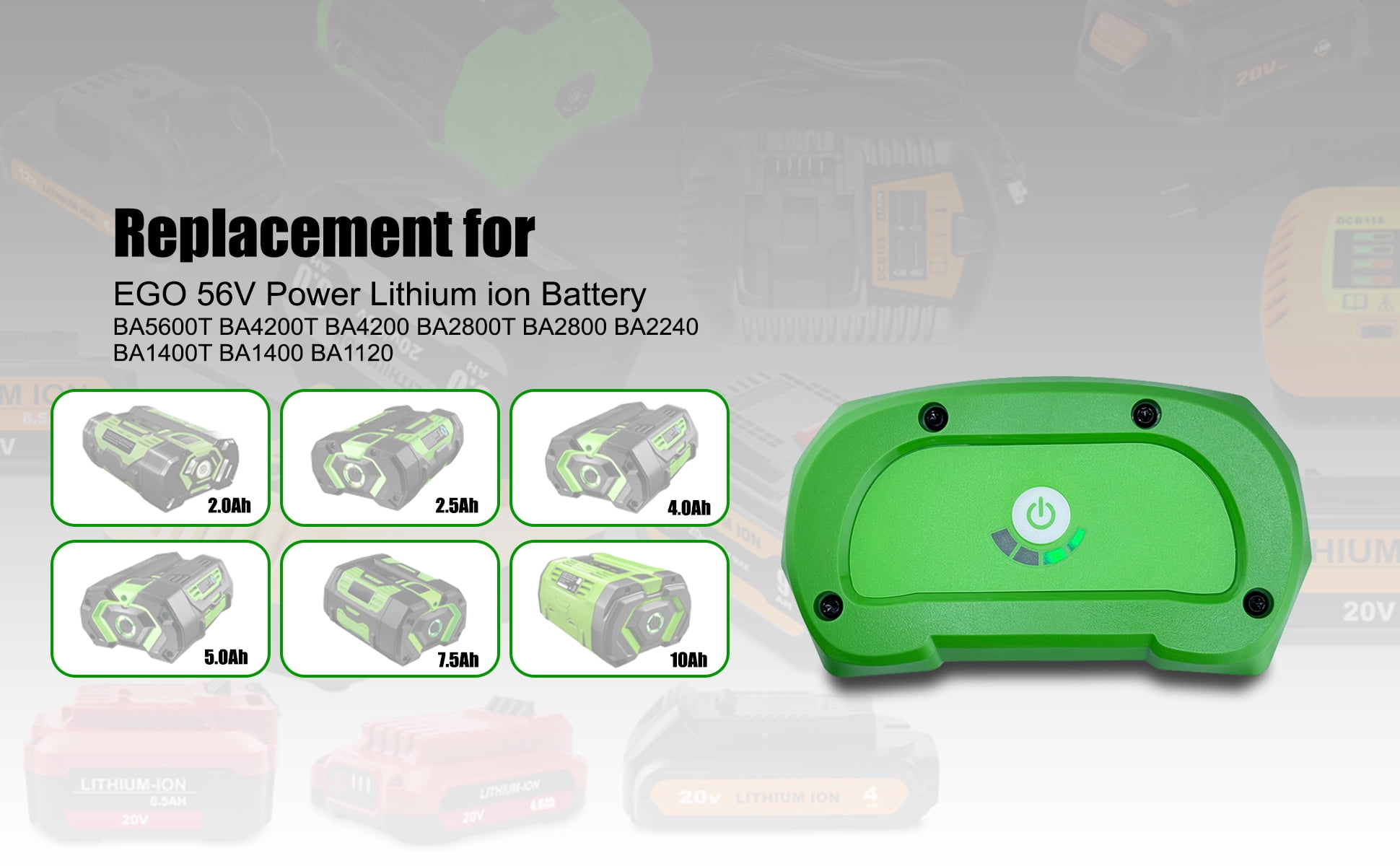 BA4200T 56V 7.5Ah Battery Replacement for EGO 56V Lithium Battery Compatible with EGO 56V Power 5.0Ah BA2800 BA2800T Battery Green