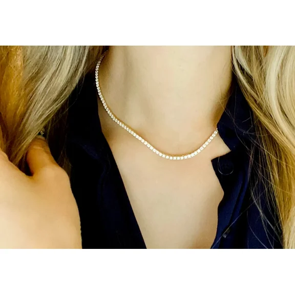 4MM 22Ct Round Cut Simulated Diamond Woen's Engagement Beautiful Tennis Necklace 14K Yellow Gold Plated 18 in 925 Silver