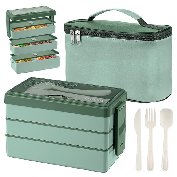 Lunch Box with Bag - 3-Tier Lunch Box with Cutlery Set, 4-in-1 Lunch Box with Cooler Bag for Students Adults Office Microwave Dishwasher Safe