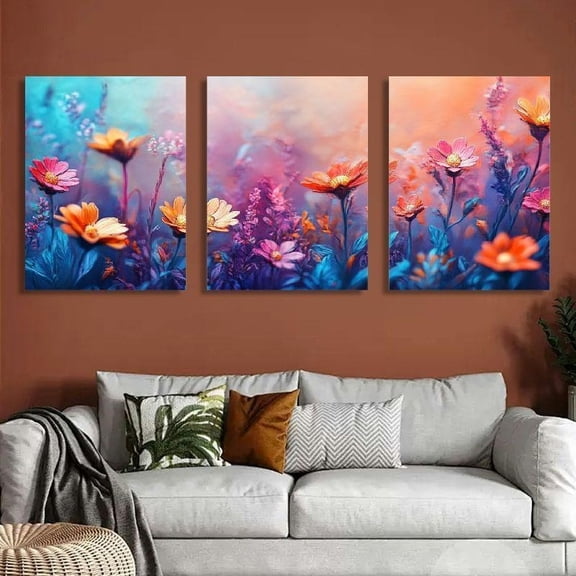 3pcs Vibrant Floral Canvas Wall Art Set - Frameless, Colorful Flowers in Pink, Orange, Blue - Perfect for Living Room & Special Occasions Decor
