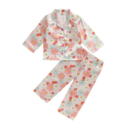 

Girls Pajamas Flower Print Long Sleeve Tops + Pants Sleepwear