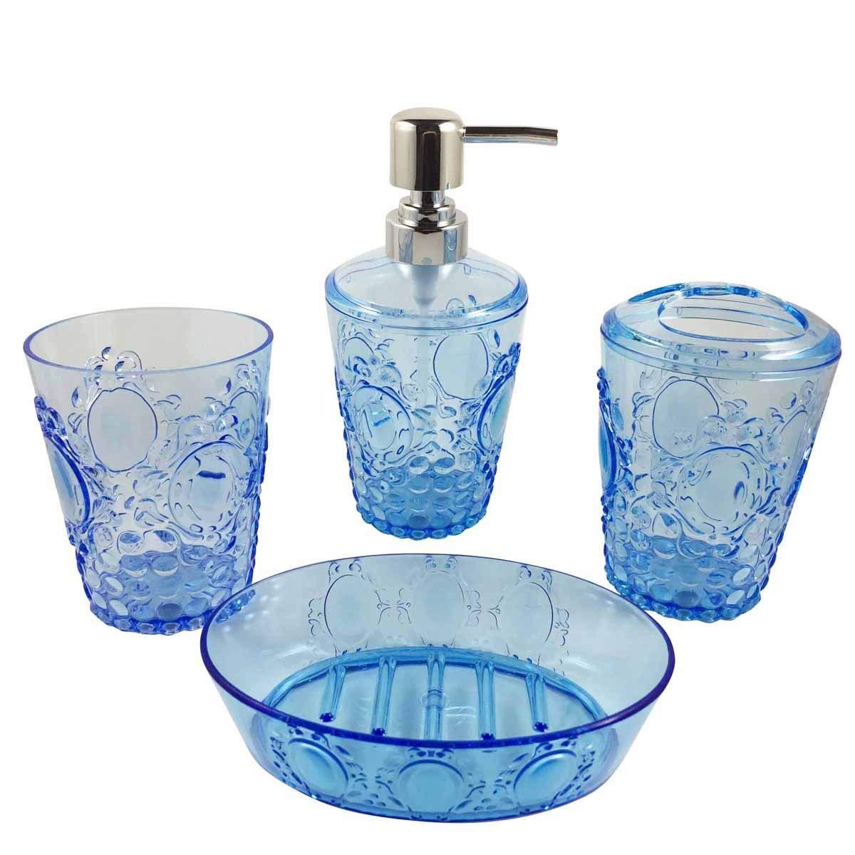 Light Blue STARmoon Acrylic 4 Piece Bathroom Accessory Set Soap Dispenser Bottle Soap Dish Cup Toothbrush Holder Case Caddy