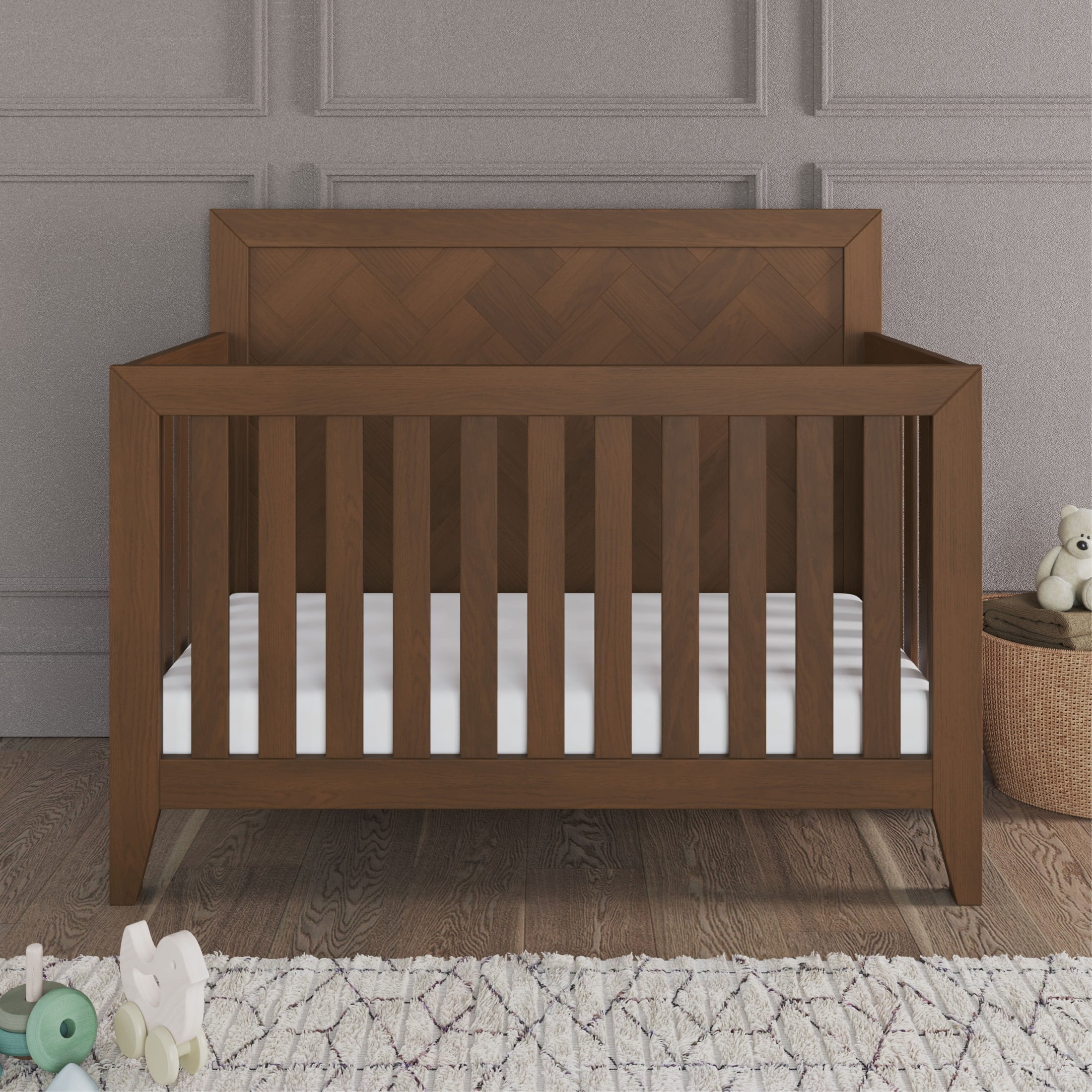 Child Craft Kieran 4-in-1 Convertible Crib, Herringbone Panel Design, 2 Mattress Heights, Toasted Chestnut