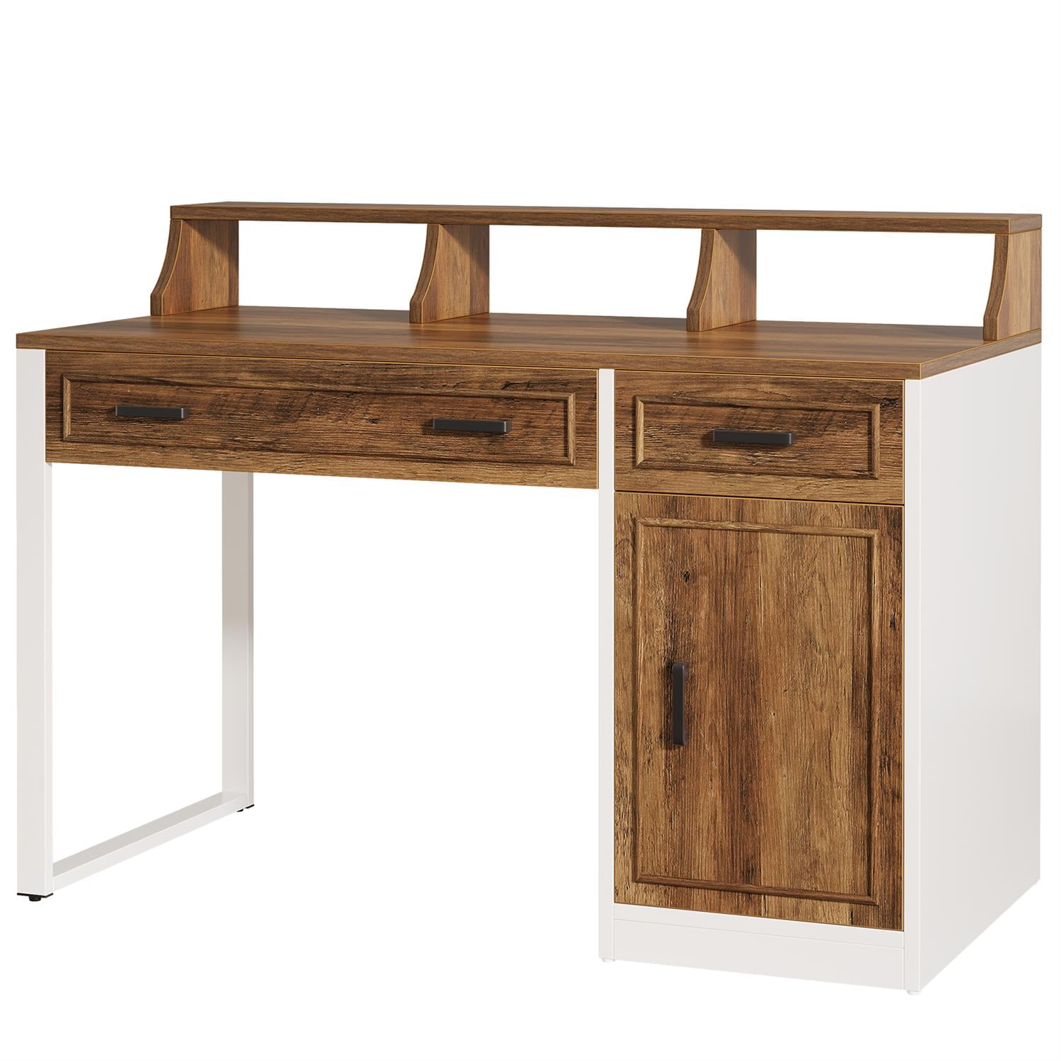 Demi Bonn 47" Executive Desk with Matching Hutch, Home Wooden Office Desk Furniture, Space-Saving Workstation, Brown