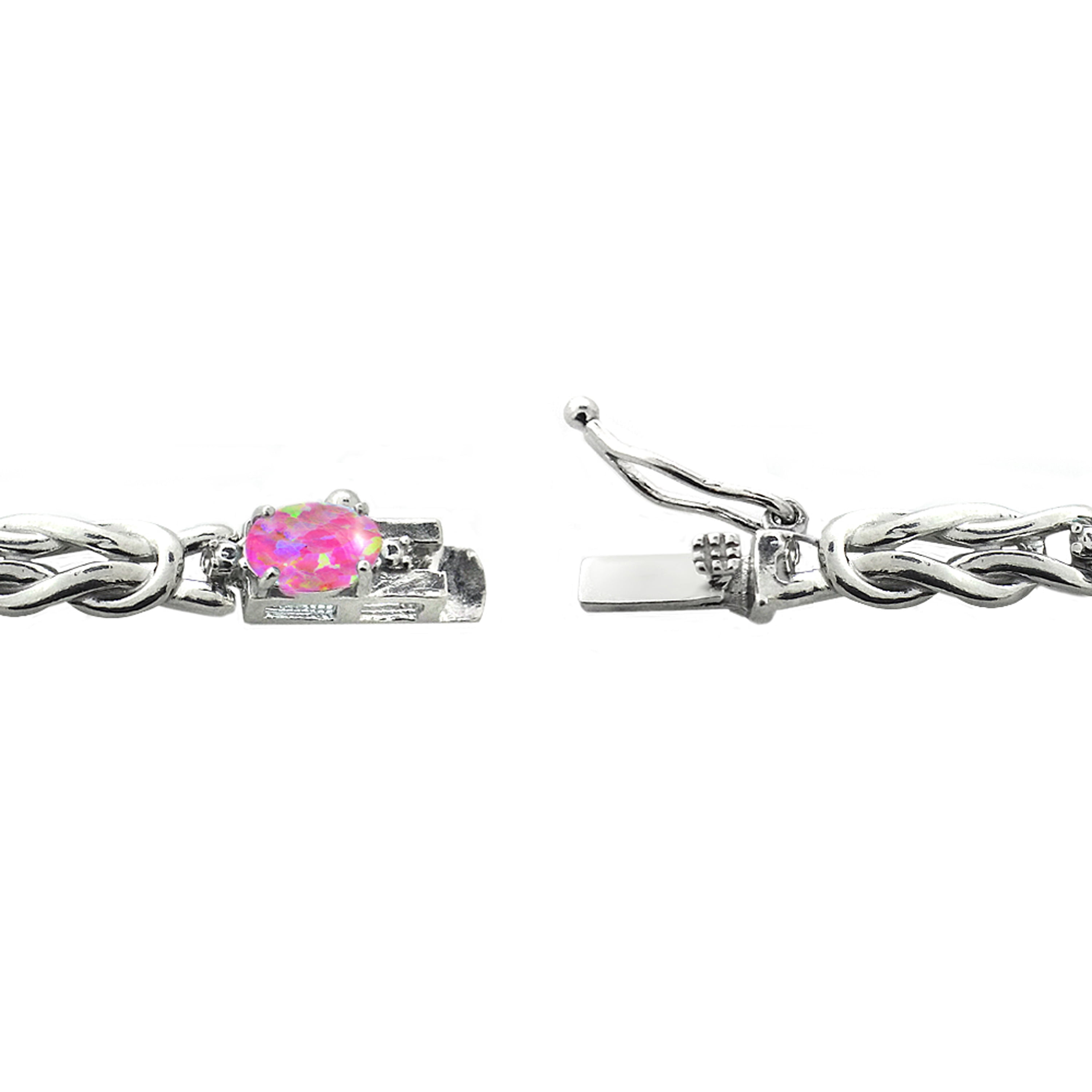 Silver Tone Simulated Pink Opal & Diamond Accent Love Knot Bracelet