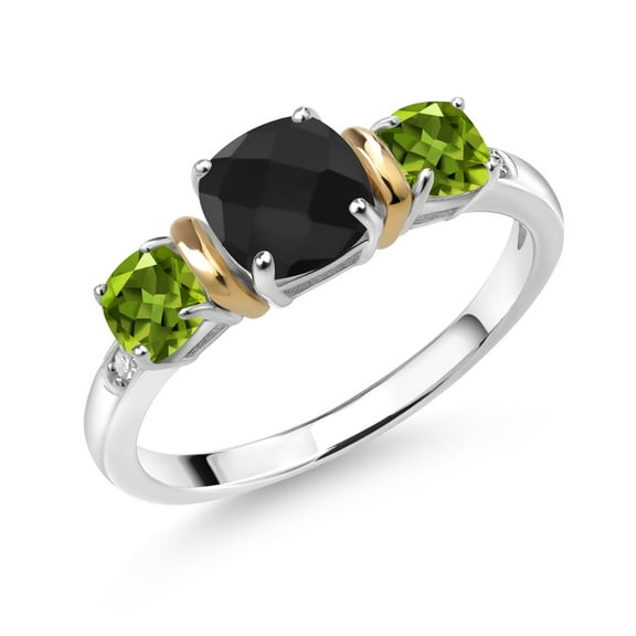 Gem Stone King 1.60 Ct Cushion Checkerboard Black Onyx Green Peridot 925 Silver and 10K Yellow Gold Diamond 3-Stone Women Ring (Size 9)