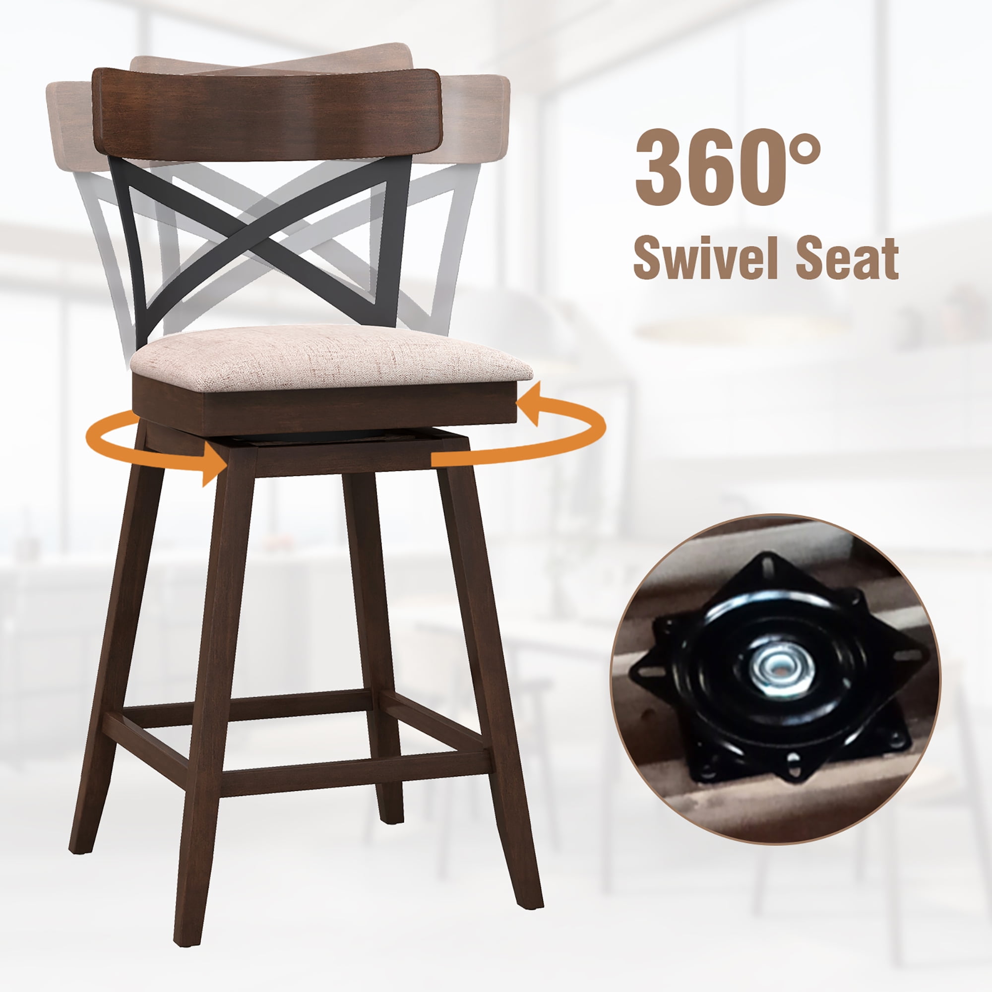 Costway Wooden Swivel Upholstered Counter Height Backrest Bar Stools Brown (Set of 2)