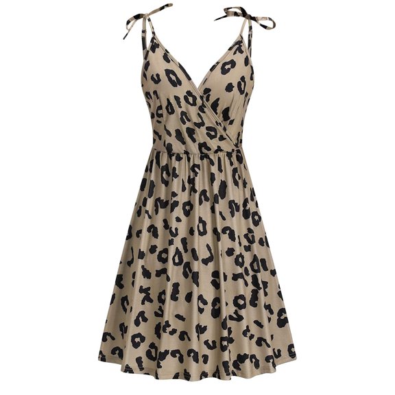 DHFJKG Summer Dresses For Women Leopard Beach Dress With Pocket V Neck Spaghetti Strap Casual Mini Sundress Versatile Dresses