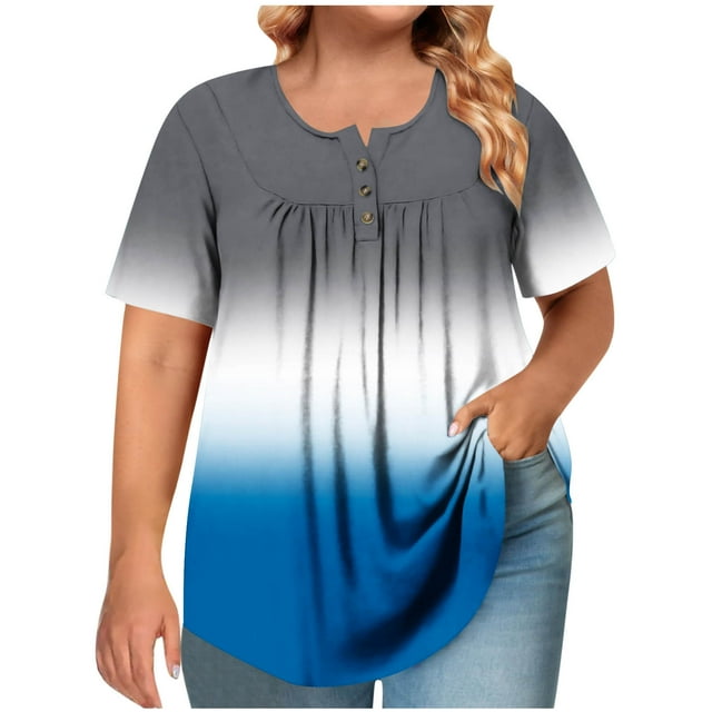 T-shirt Plissé à Manches Courtes et Col Rond pour Femmes Grande Taille avec Boutons