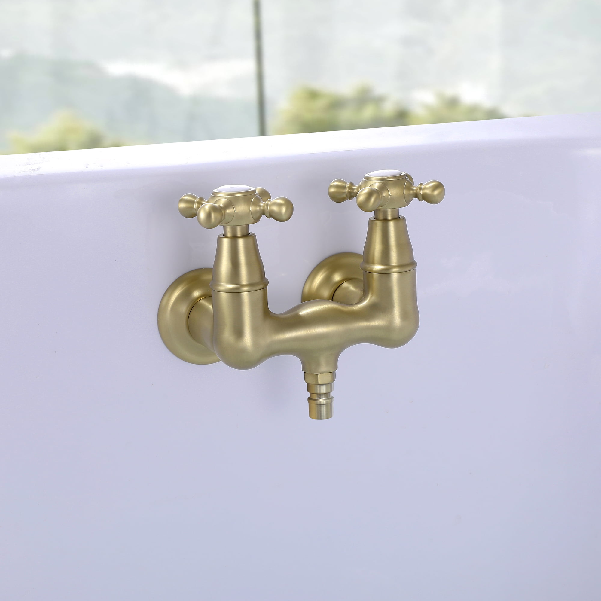 SUMERAIN Wall Mount Clawfoot Bathtub Faucet with Two Cross Handles Brushed Gold