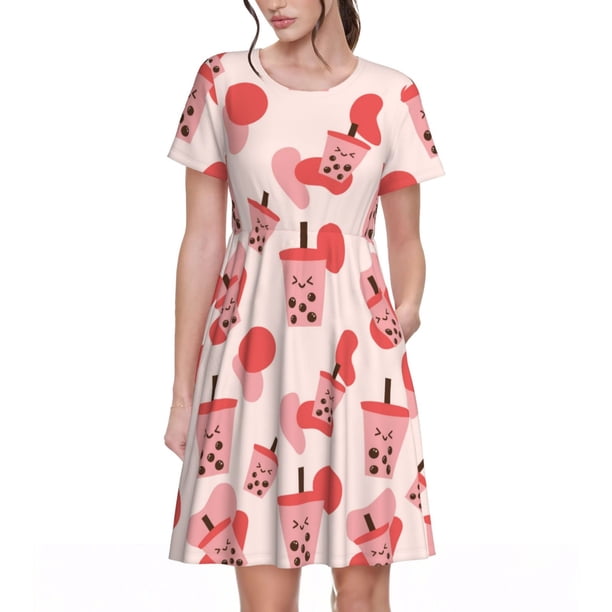 Disketp Milk Tea5 para Vestido de Manga Corta para Mujeres, Vestidos de Verano para Mujeres, Casual y Holgado para la Playa
