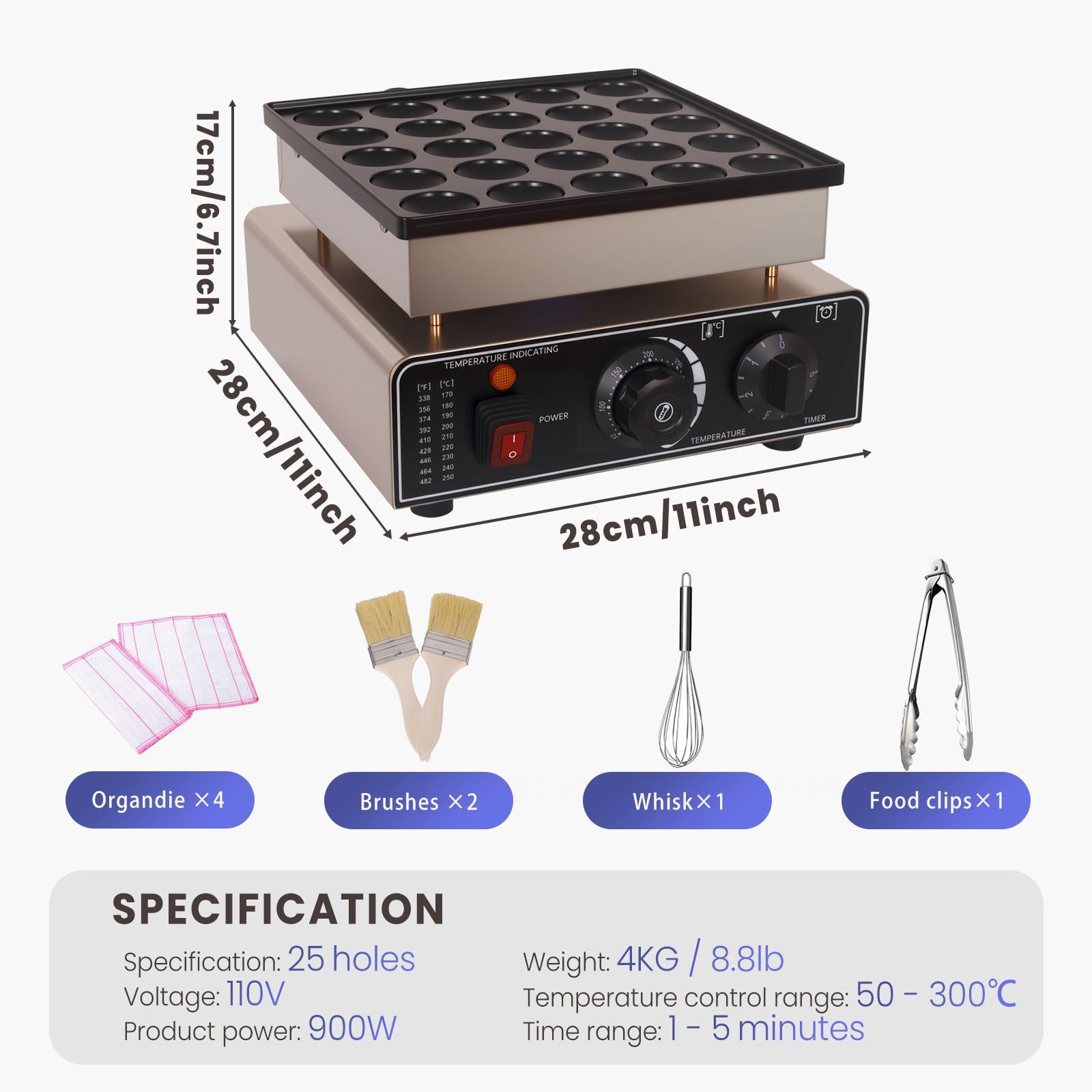 QUHEE Mini Pancake Maker, 25PCS Dutch Muffin Waffle Baker, Non-stick Stainless Steel Grill, Temp & Time Control, for Kitchen and Restaurant