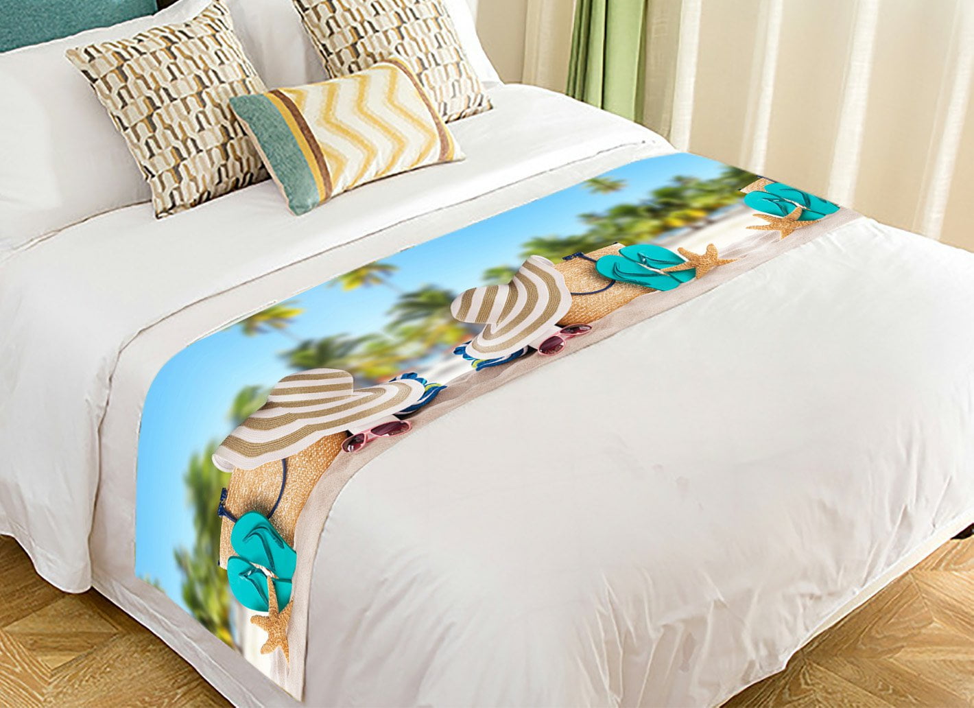 GCKG Summer Beach Bed Runner, Palm Trees Tropical Island Bed Runners