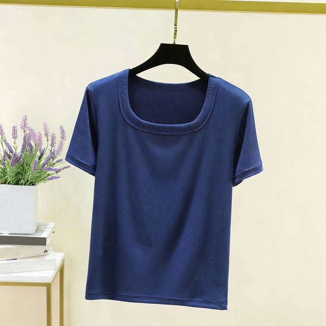 Ounisa Womens Short Sleeve T Shirts Crew Neck Rib Knit Solid Color Casual Slim Fit Spring Summer Basic Layering Tops M-2XL