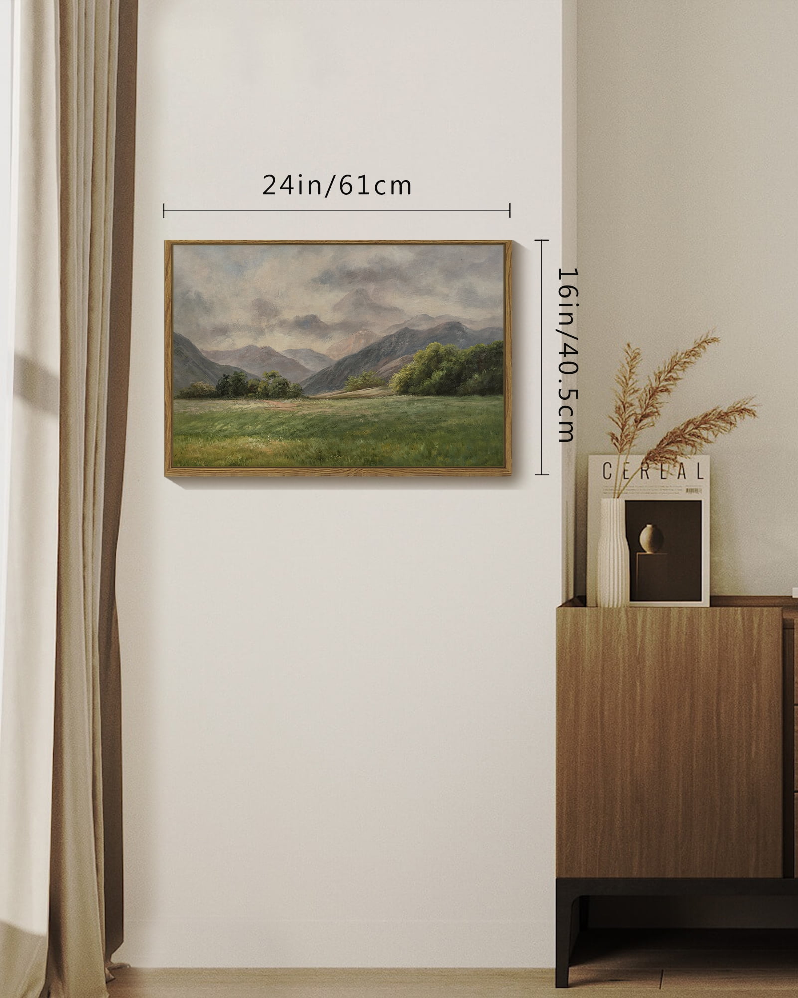 Drsoum Landscape 16x24in Large Vintage Canvas Wall Art Classical Prairie and Mountain Room Decor for Kitchen Bedroom Living Room - Natural Framed