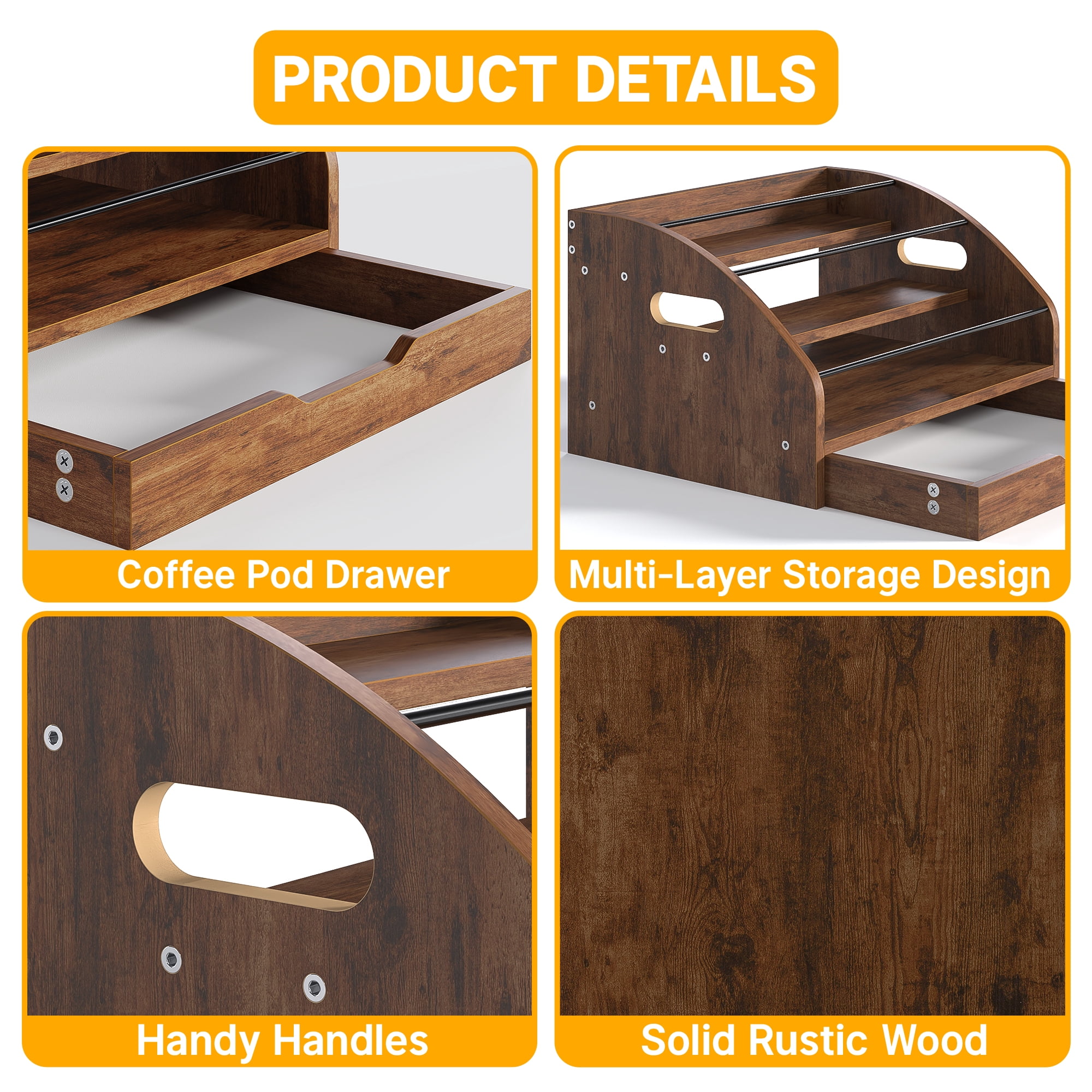 Yoneston 3-Tier Retro Bar Liquor and Wine Rack with Drawer, Wood 3-Step Countertop Coffee Syrup Rack Organizer Bottle Holder for for Liquor Whiskey