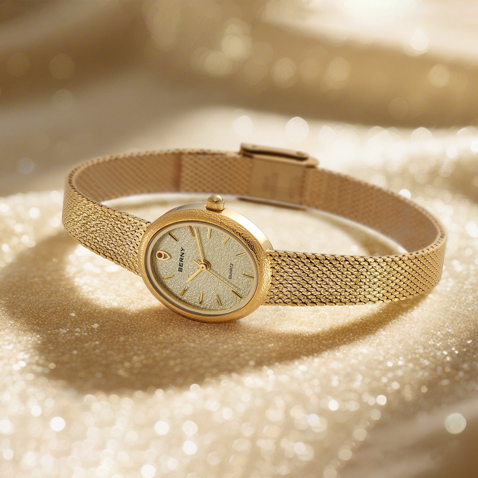 BERNY Small Gold Watches for Women, Dainty Minimalist Oval Dial, Vintage Stainless Steel Bracelet Watch, Adjustable Mesh Band, Waterproof, Luxury Ladies Analog Quartz Wrist Watch Gifts (Gold)