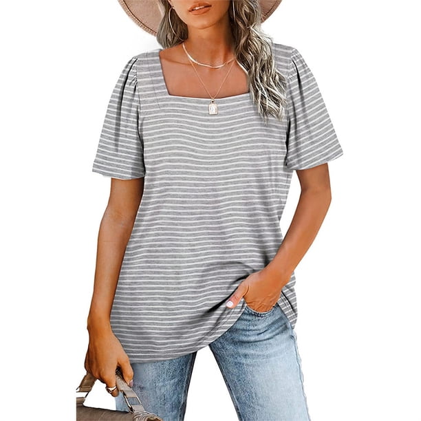 Camiseta de algodón de manga corta para mujer, blusa holgada informal plisada elegante, Top de vacaciones para primavera y verano, ropa diaria Prendas para la parte del cuerpo Raya gris XXL Jumpingount AP010771-20