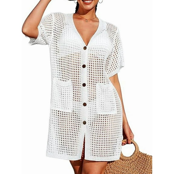 Swimsuit Cover Up Women Button Down Crochet Beach Dress Side Split Swim Bathing Suit Coverups Pocket Swimwear White M