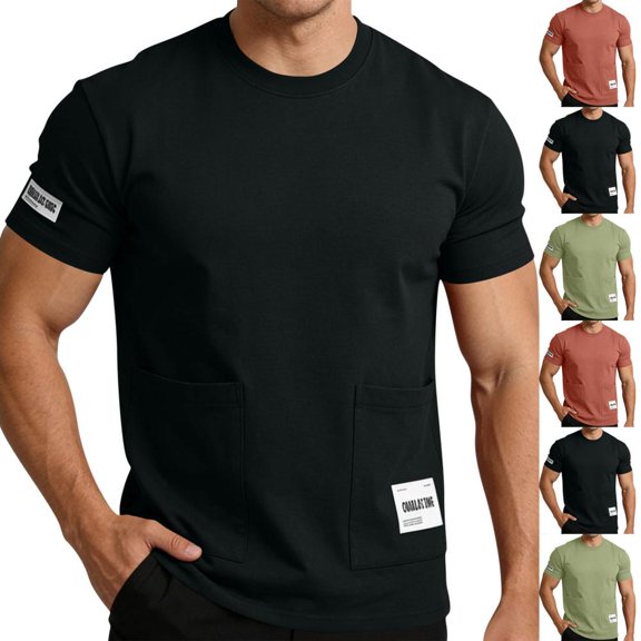 Bxsruta Men's Multi Pocket Short Sleeve Crew Neck T Shirt - Regular Fit Quick Dry Casual Pullover Tee with Letter Patches