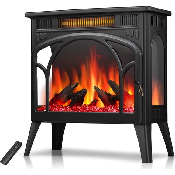 Electric Fireplace Heater 24" with Remote Control, Upgrated, Adjustable Flame, Temp Control, Overheating-Protection, Elegant Cathedral Design Electric Fireplace for Indoor Use, Black