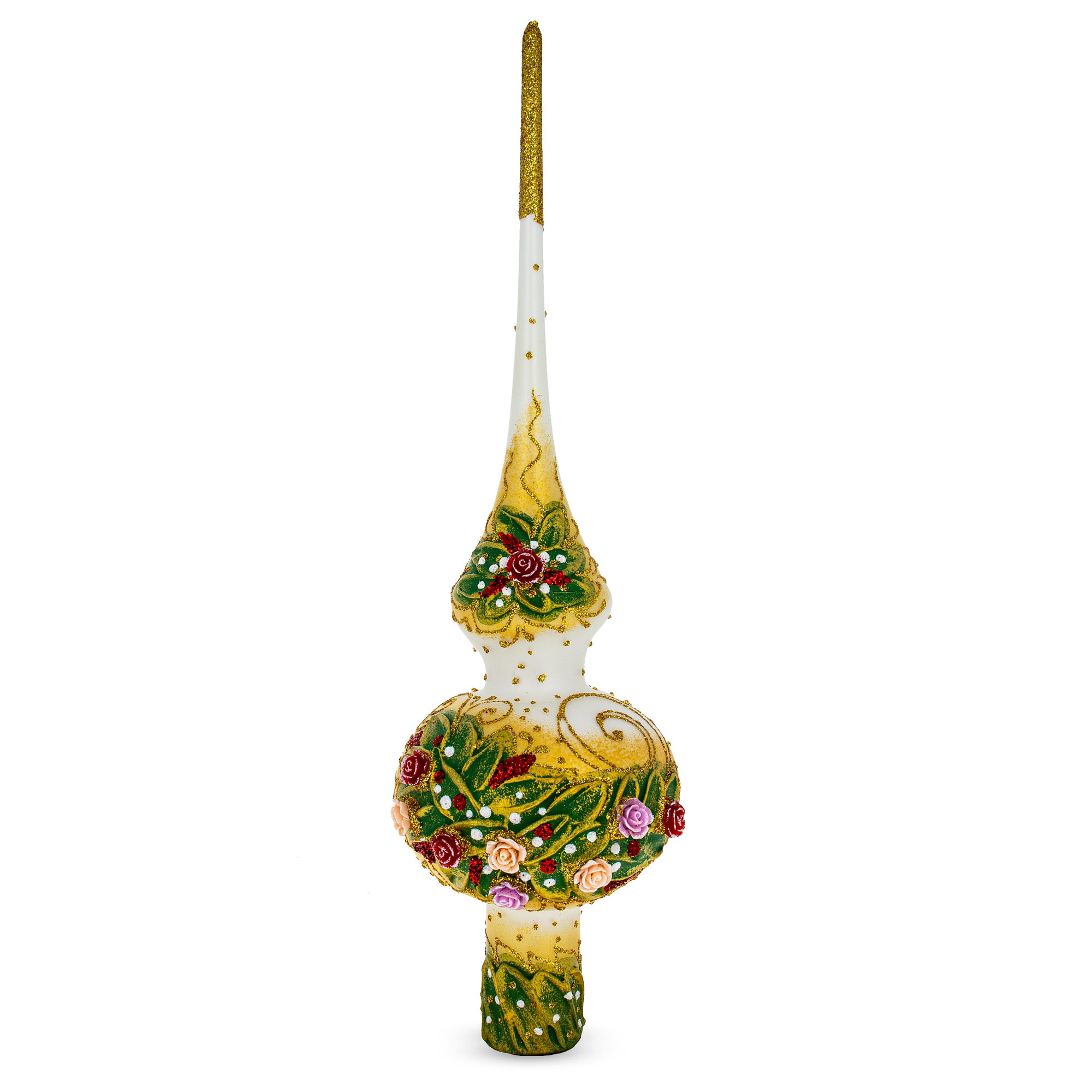 BestPysanky Santa Head and Mistletoe on Gold Glass Christmas Tree Topper 11 Inches