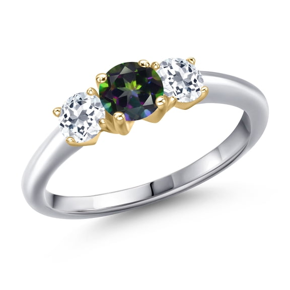 Gem Stone King 10K Two Tone Gold Green Mystic Topaz and White Topaz Engagement Ring for Women | 1.21 Cttw | Round 5MM | Gemstone November Birthstone | Size 6