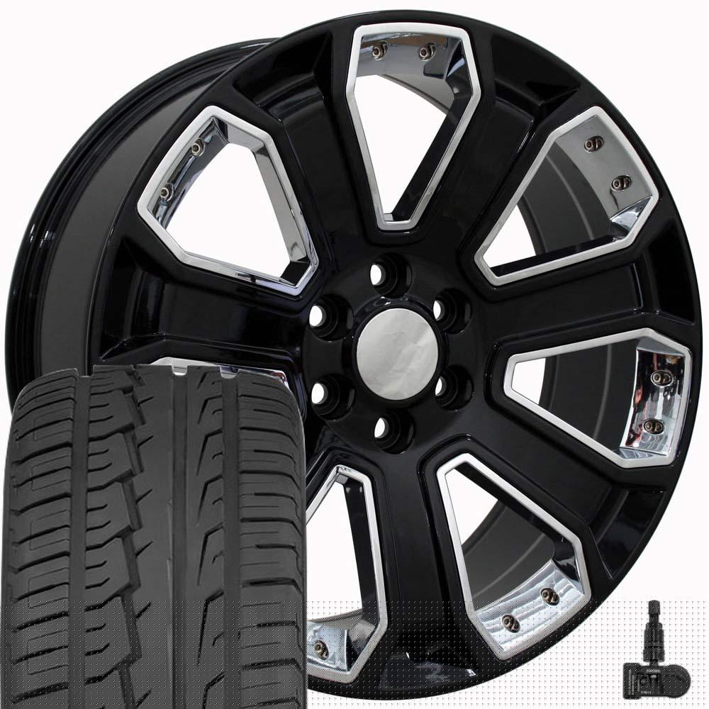 OE Wheels CV93 22 Inch Rims and Tires Fit Silverado 1500 Style 6x139.7 22x9 Gloss Black with Chrome Insert - Hollander 5660 - iMove Gen 2 SUV 285/45-22 (Set of 4)