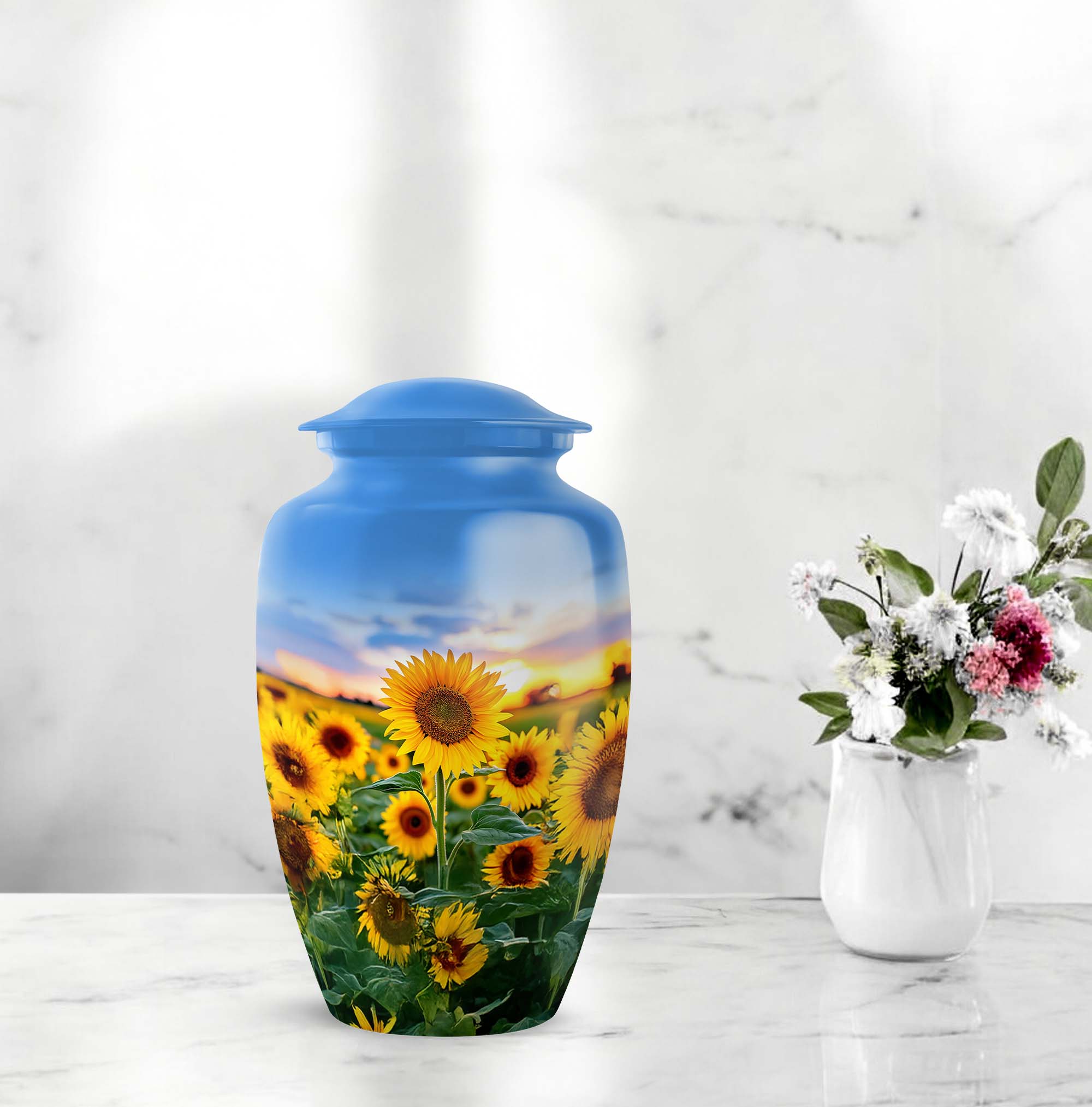 Sunflower Memorial Urn For Adult Women - Keepsake Urns For Human Ashes Adult Man - 10 Inch Funeral Cremation Urns For Mom, Blue Urn For Human Ashes For Female Set Of 4, 3 Inch Small