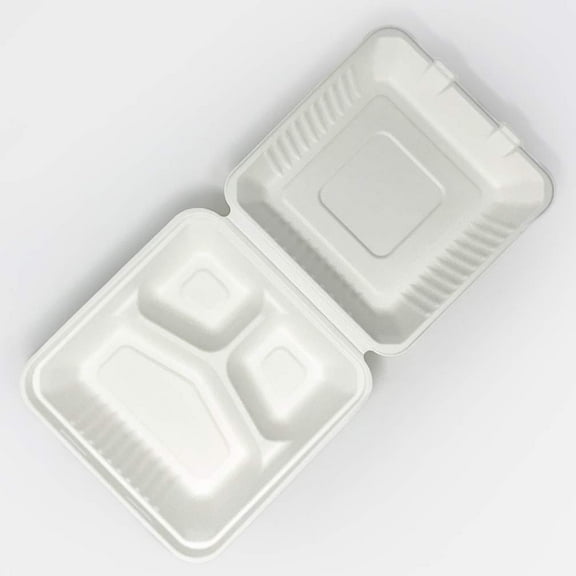 100% Biodegradable, Compostable, Ecofriendly, Disposable 8 Inch Clamshell Box With 3 Compartments 100 Pcs.
