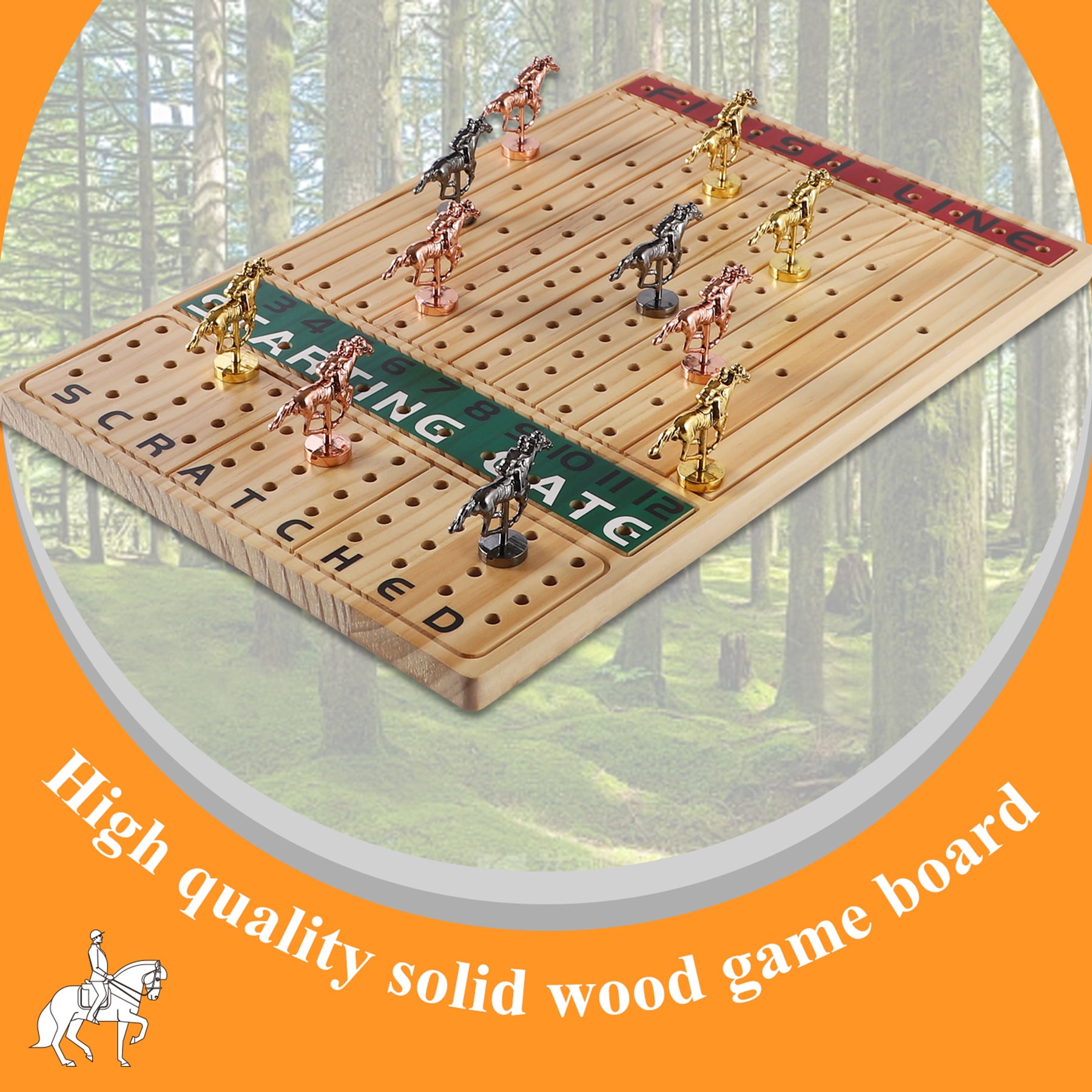 Grhonior Horse Race Board Game Dice Game Rectangle Thickened Solid Wood with 11 Metal Horses and 4 Dice 15.6 x 10 x 0.6 Inch