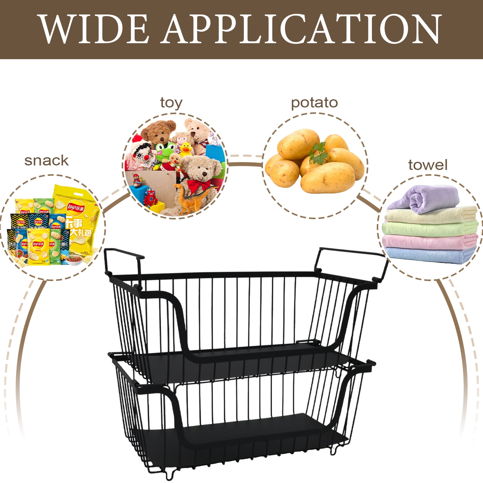 Pethiy 2-Pack Onions & Potatoes Storage Baskets, Stackable Metal Wire Organizer with Handles, Multi-Purpose Kitchen Pantry Produce Storage for Root Vegetables