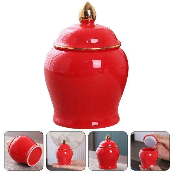 Small Red Ceramic Jar with Lid - Porcelain Coffee & Tea Canister, Food Storage Container for Cookies, Coffee Beans, Dry Goods