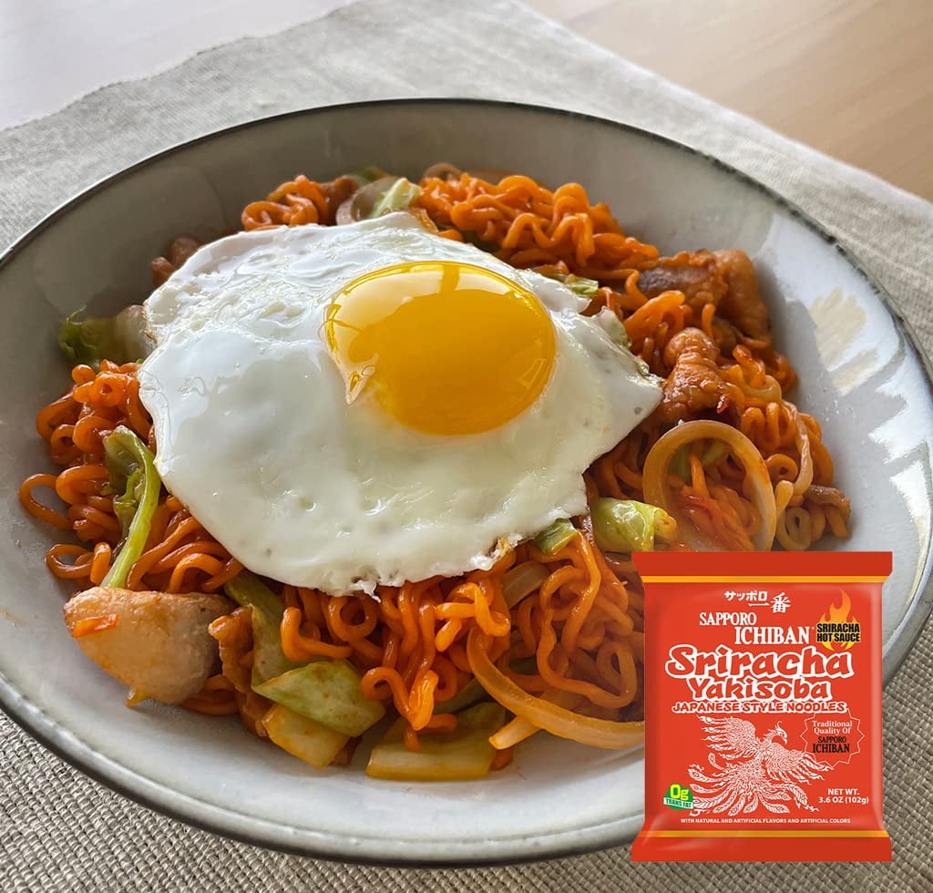 [SAPPORO ICHIBAN] Sriracha Yakisoba, Spicy Chow Mein, No. 1 Tasting Japanese Instant Noodles (3.6 Oz/102 g) (30 Packs)